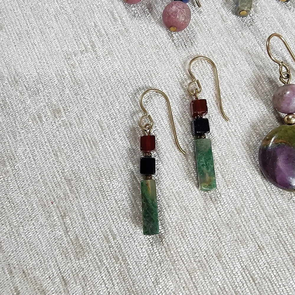 Earthy Natural Stone Dangle Earrings Gold Plate Hooks Garnet Tourmaline Lot of 5